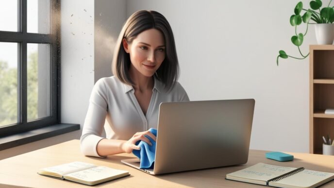 Person cleaning a laptop on a wooden desk in a home setting, representing regular maintenance and care for portable computers.