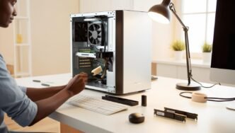 Person cleaning and upgrading a computer on a desk with tools and parts, showing routine PC maintenance in progress without any brand logos or visible software.
