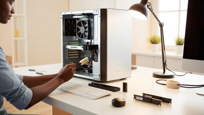 Person cleaning and upgrading a computer on a desk with tools and parts, showing routine PC maintenance in progress without any brand logos or visible software.