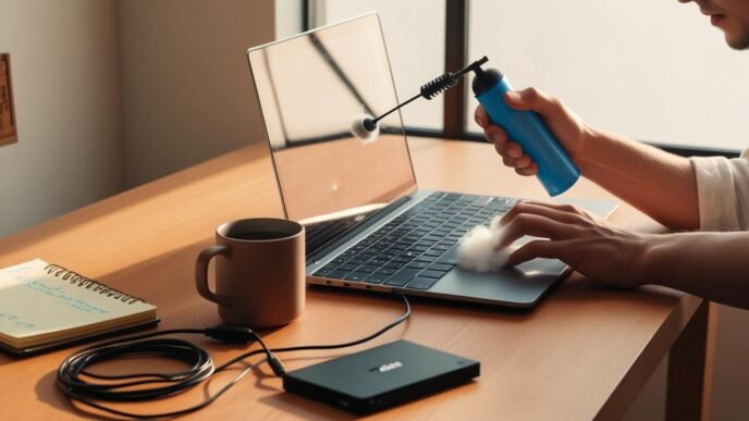 Person doing computer maintenance at a desk, cleaning a laptop and organizing cables in a tidy workspace with everyday items.