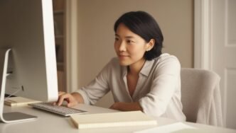 Person examining a computer in a home office, referencing notes to diagnose technical issues in a calm and focused setting.