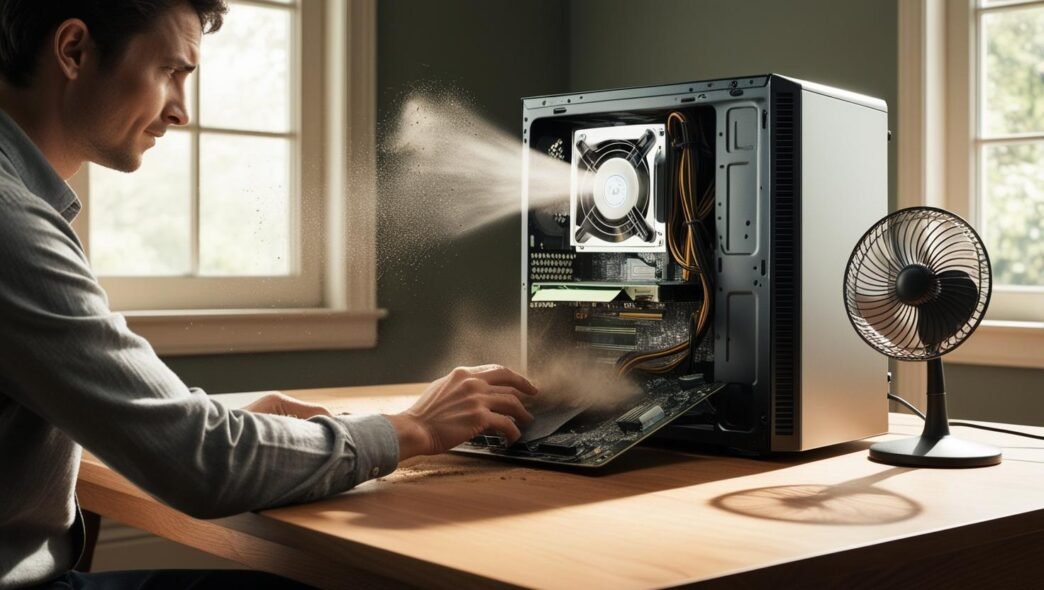 Person cleaning desktop fan to reduce PC overheating.
