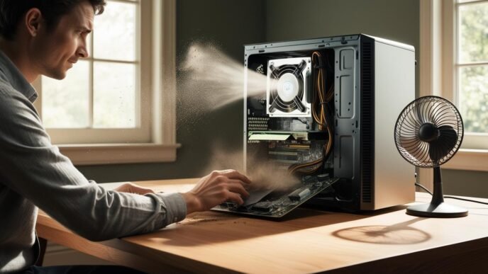 Person cleaning desktop fan to reduce PC overheating.