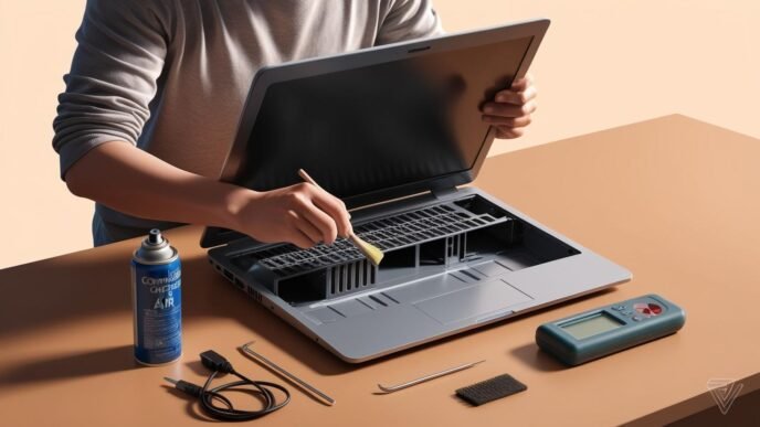 Person inspecting and cleaning laptop vents at home to troubleshoot overheating, with a toolkit and air can on the desk.
