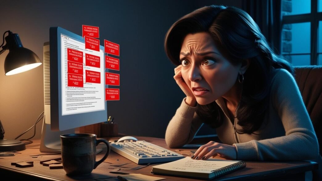 Person looking at a slow computer with pop-up messages, showing how malware affects performance and the need for system cleanup.