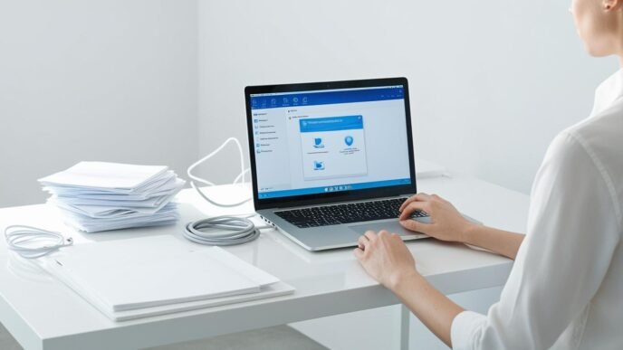 Person organizing their desk while optimizing a computer, representing regular PC clean-up tasks to boost performance and reduce clutter.