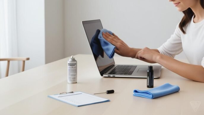 Person performing routine computer maintenance, wiping dust from a device on a tidy desk with tools nearby, representing preventive care for better PC performance and longevity.