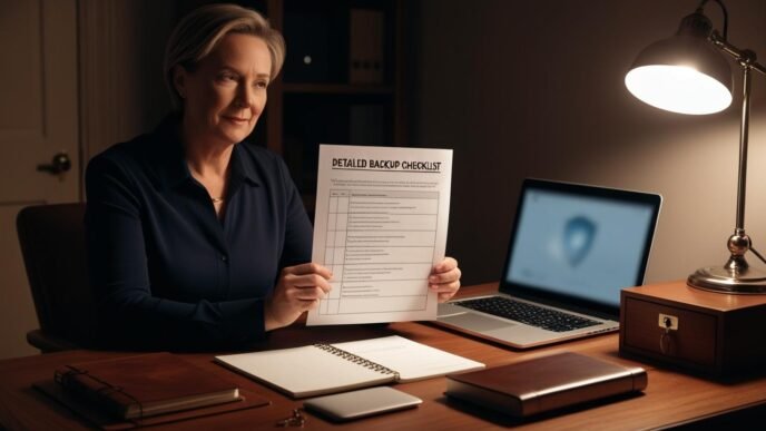 Person reviewing a backup checklist beside a laptop in a low-light room, with visible external drive and secure workspace elements indicating data protection awareness.