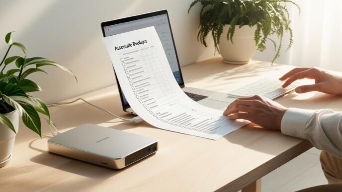 Person reviewing a data backup checklist beside a laptop and external drive in a home office setting.