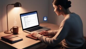 Person reviewing online safety checklist on a laptop in a dimly lit home office, emphasizing proactive cybersecurity and data protection without showing any software interfaces.