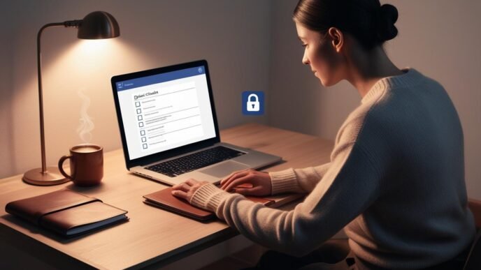 Person reviewing online safety checklist on a laptop in a dimly lit home office, emphasizing proactive cybersecurity and data protection without showing any software interfaces.