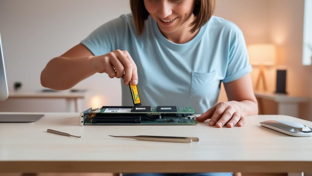 Person upgrading a desktop computer by installing a new component in a clean home workspace, highlighting safe and affordable PC hardware improvements for beginners.
