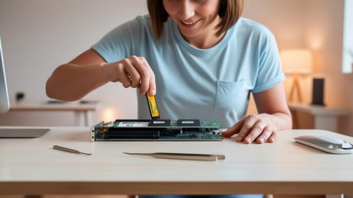 Person upgrading a desktop computer by installing a new component in a clean home workspace, highlighting safe and affordable PC hardware improvements for beginners.