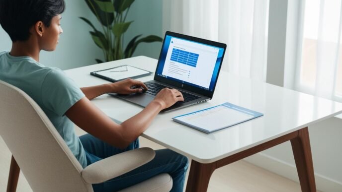 Person using a laptop in a clean home office, making system adjustments to improve computer performance, with a tidy desk and bright natural lighting.