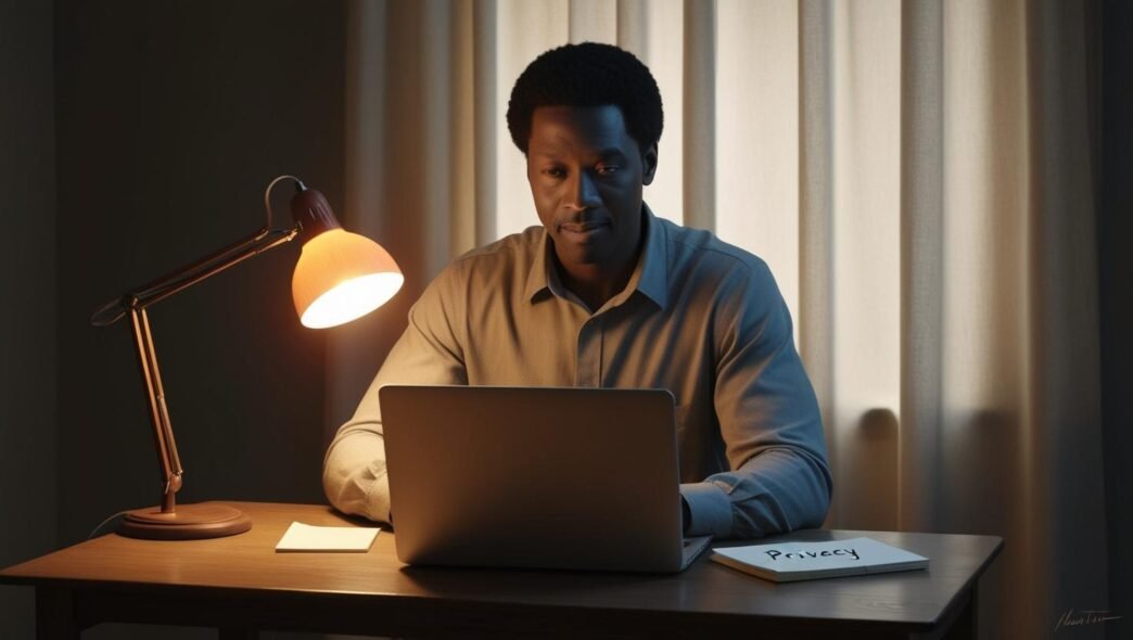 Person using a laptop in a private indoor setting with focused lighting, symbolizing online privacy and secure browsing practices without revealing software or brand details.