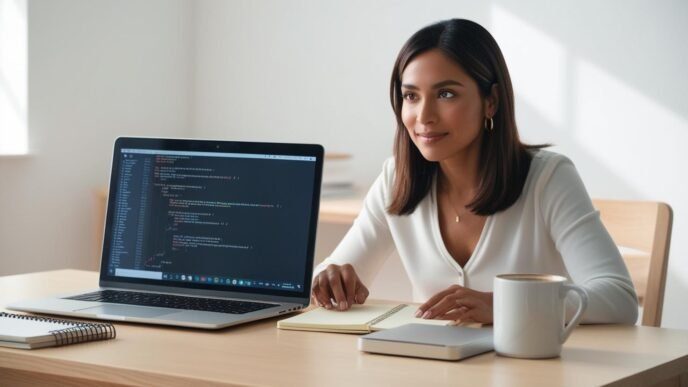 Person working on a laptop at a desk, reviewing performance tips with a focused expression in a bright home workspace.