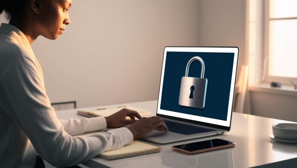 Person working on a laptop with a padlock icon on screen, representing data encryption and digital privacy in a home office setting.