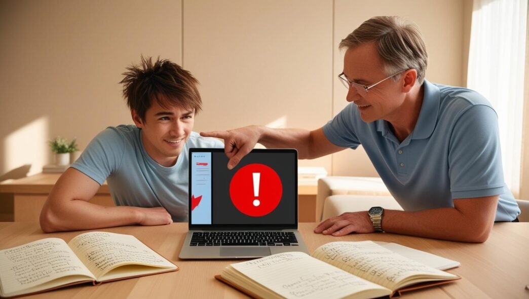 User and technician troubleshoot a computer problem together in a home office setting, illustrating common PC diagnostics.