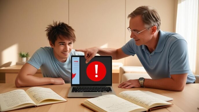 User and technician troubleshoot a computer problem together in a home office setting, illustrating common PC diagnostics.
