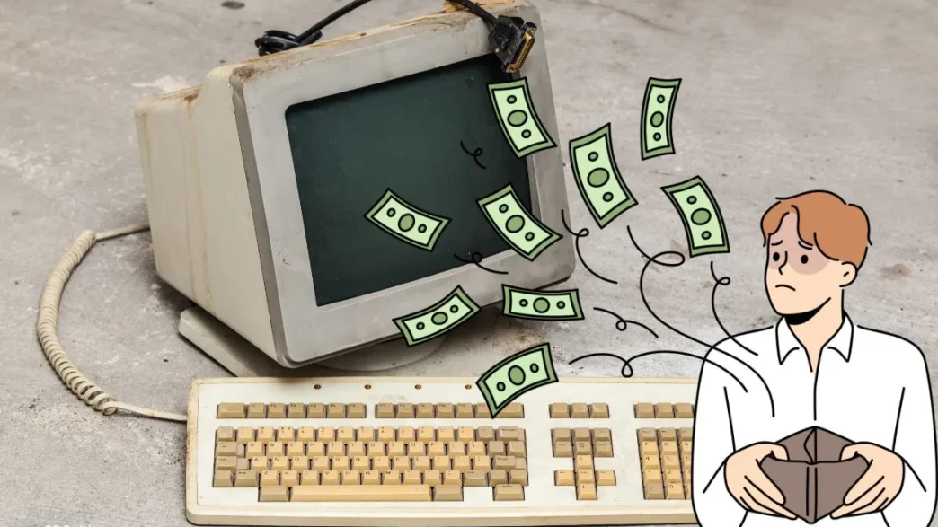 User comparing an old computer system with a new high-performance PC.