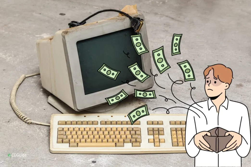 User comparing an old computer system with a new high-performance PC.