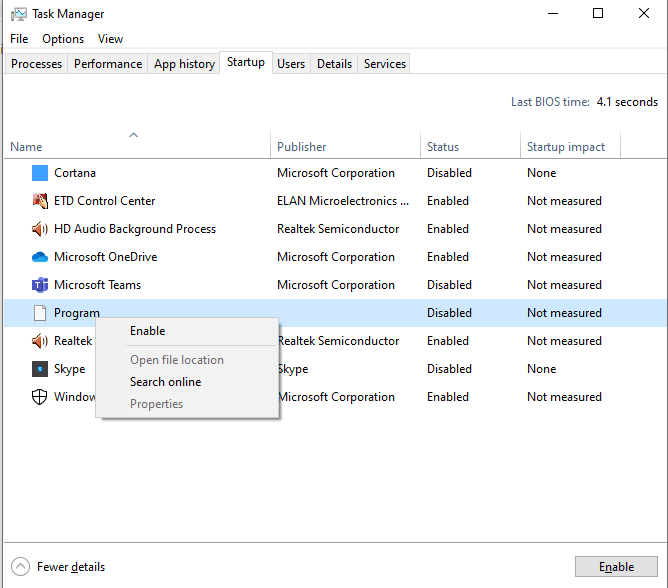 Disabling startup applications in Windows Task Manager