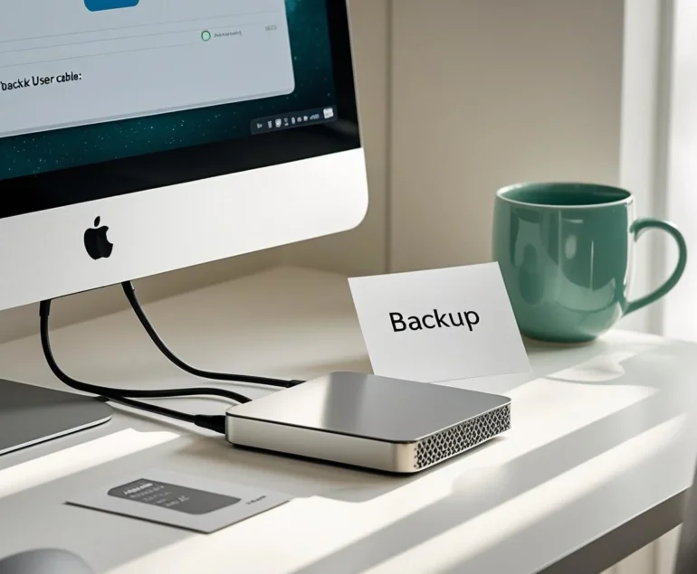 Home office desk with external backup drive attached and a computer showing a generic backup status screen.