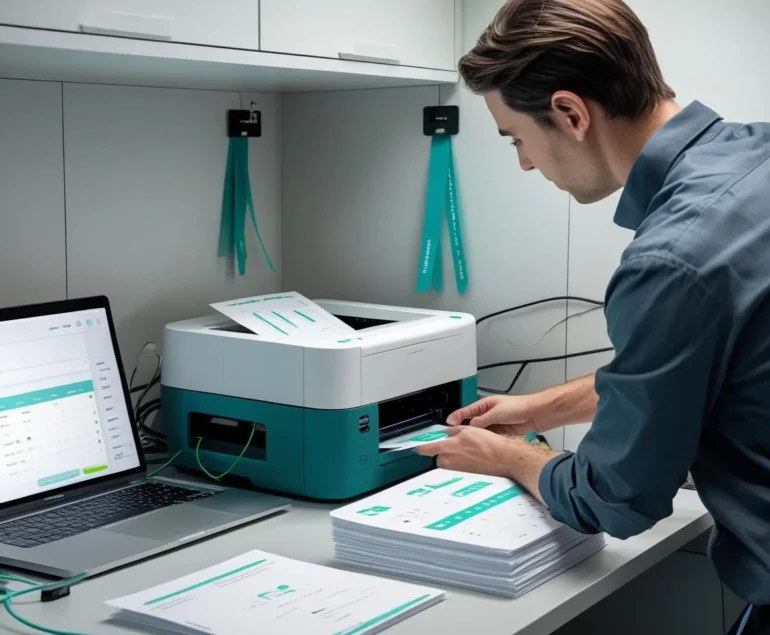 Small office where a technician connects a wireless printer and verifies a test page from a laptop.