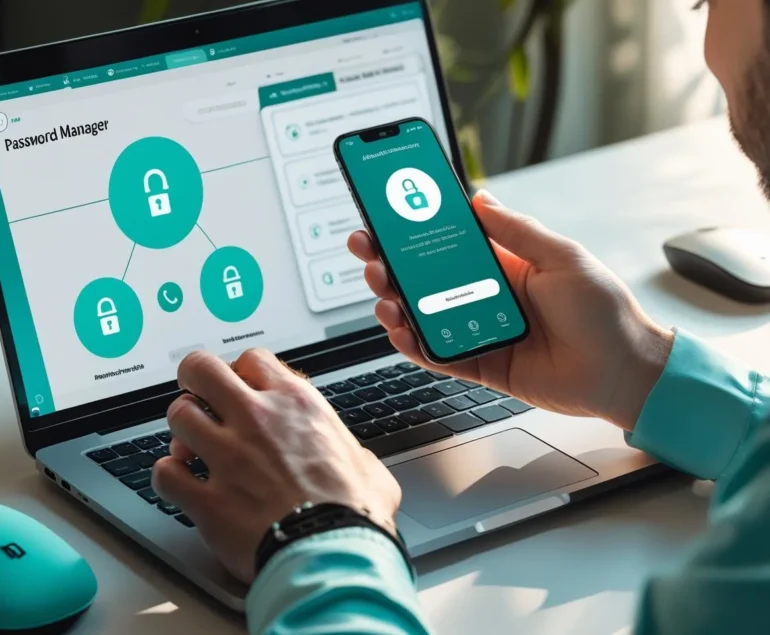 Laptop with generic password manager open while a phone shows a two-factor code on the desk.