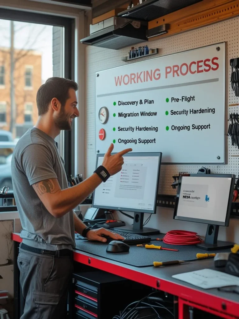 Technician demonstrates basic email and file tips on a monitor while the client takes notes; quick guides on the bench.