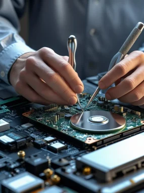 Technician hands repairing a computer motherboard with professional data-safe tools
